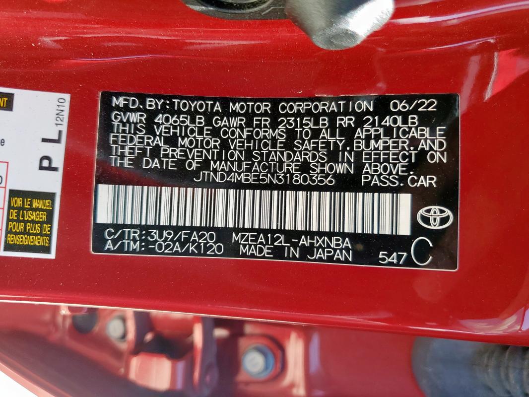 JTND4MBE5N3180356 - 2022 TOYOTA COROLLA SE RED photo 12