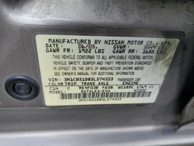 3N1CB51D85L574333 - 2005 NISSAN SENTRA 1.8 BROWN photo 12