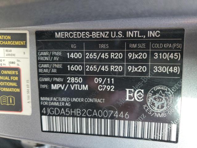 4JGDA5HB2CA007446 - 2012 MERCEDES-BENZ ML 350 4MATIC GRAY photo 13