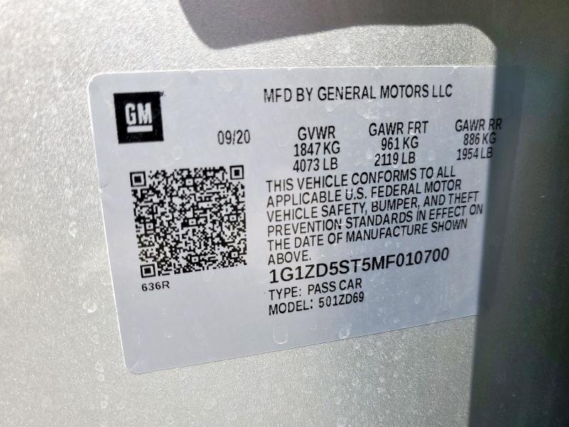 1G1ZD5ST5MF010700 - 2021 CHEVROLET MALIBU LT SILVER photo 13