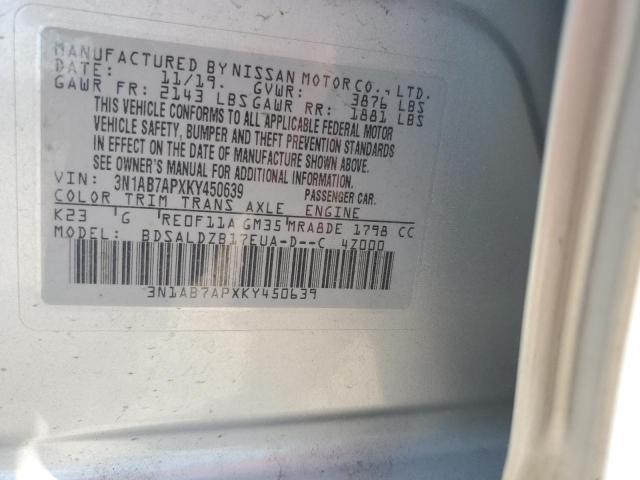 3N1AB7APXKY450639 - 2019 NISSAN SENTRA S 银色 照片 12