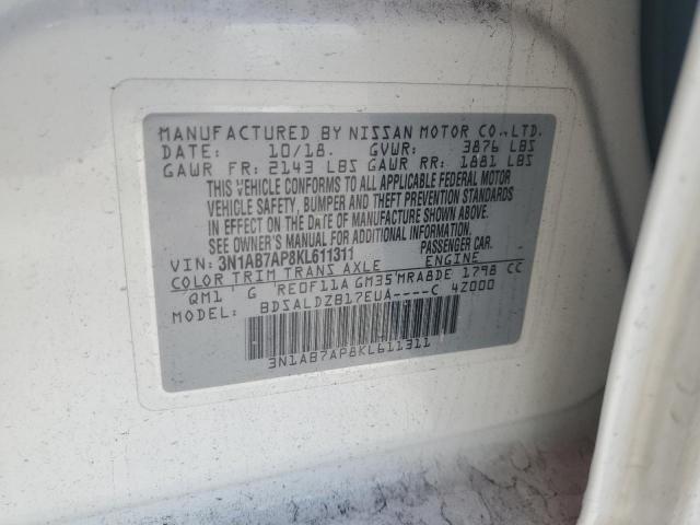 3N1AB7AP8KL611311 - 2019 NISSAN SENTRA S 白色 照片 12