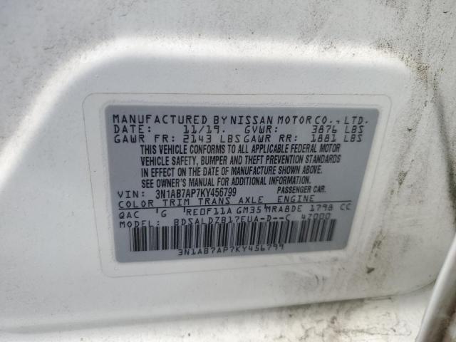 3N1AB7AP7KY456799 - 2019 NISSAN SENTRA S WHITE photo 12