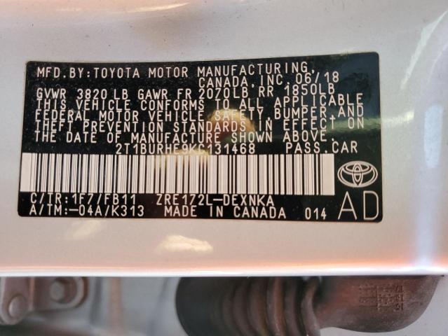 2T1BURHE9KC131468 - 2019 TOYOTA COROLLA L SILVER photo 12