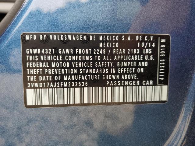 3VWD17AJ2FM232536 - 2015 VOLKSWAGEN JETTA SE BLUE photo 13