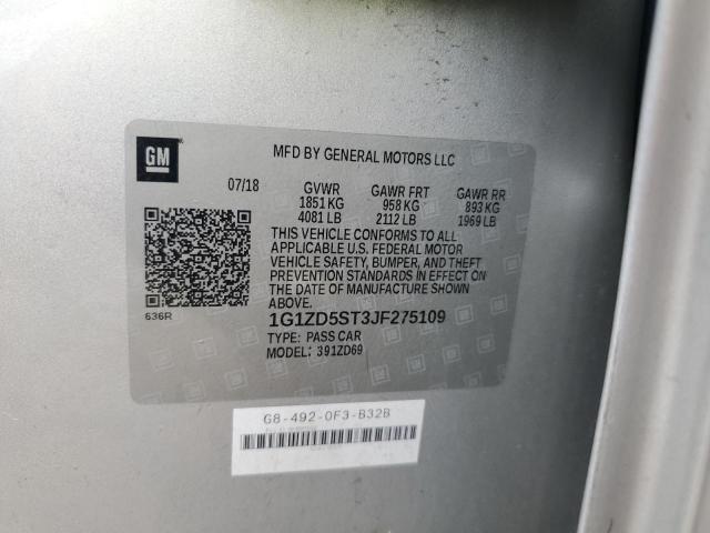 1G1ZD5ST3JF275109 - 2018 CHEVROLET MALIBU LT Gümüş foto 12