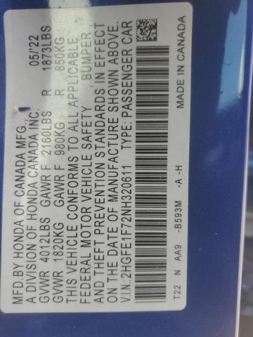 2HGFE1F72NH320611 - 2022 HONDA CIVIC EX BLUE photo 12