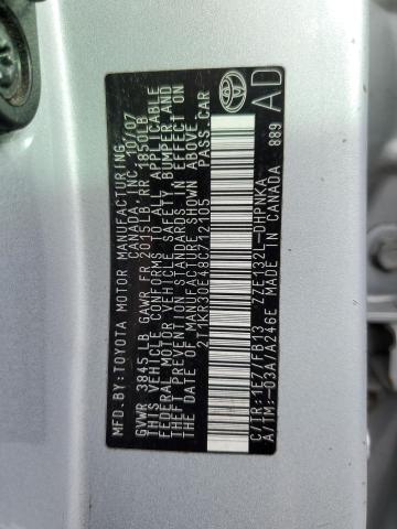 2T1KR30E48C712105 - 2008 TOYOTA COROLLA MA XR SILVER photo 12