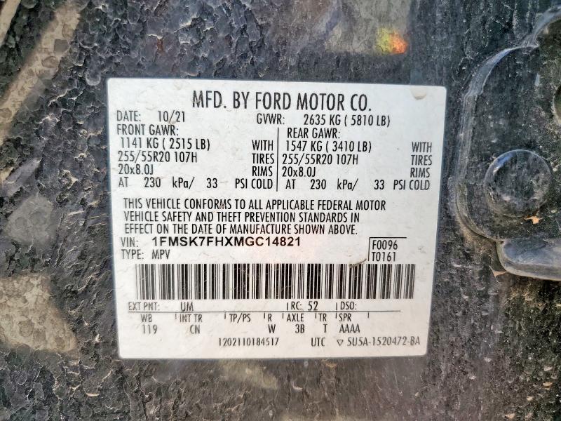 1FMSK7FHXMGC14821 - 2021 FORD EXPLORER LIMITED 黑色 照片 13