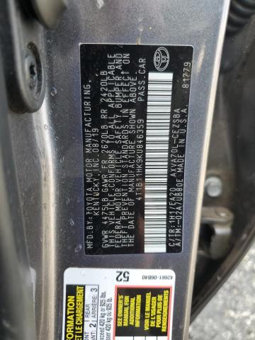 4T1B11HK9KU846359 - 2019 TOYOTA CAMRY L GRAY photo 12