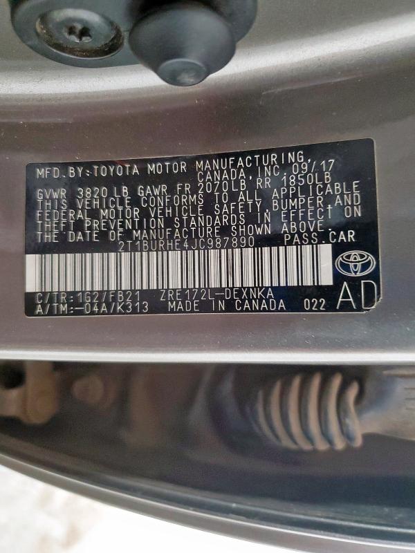 2T1BURHE4JC987890 - 2018 TOYOTA COROLLA L Szary zdjęcie 12