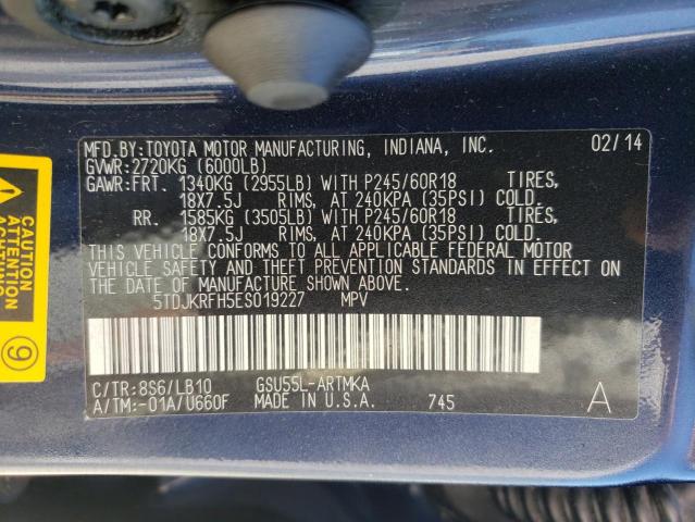 5TDJKRFH5ES019227 - 2014 TOYOTA HIGHLANDER XLE Mavi foto 14