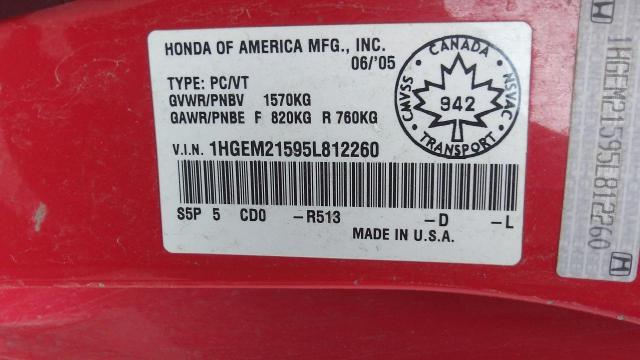 1HGEM21595L812260 - 2005 HONDA CIVIC LX RED photo 9