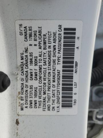 2HGFC2F77GH562647 - 2016 HONDA CIVIC EX WHITE photo 13