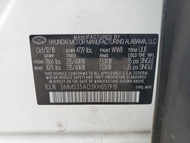 5NMS33AD3KH051918 - 2019 HYUNDAI SANTA FE SEL WHITE photo 13