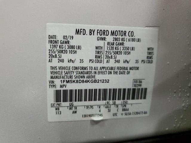 1FM5K8D84KGB21232 - 2019 FORD EXPLORER XLT Білий фото 13