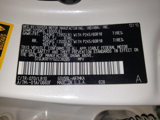 5TDJKRFH1GS238205 - 2016 TOYOTA HIGHLANDER XLE WHITE photo 13