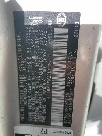 4T1BF1FK2CU102799 - 2012 TOYOTA CAMRY BASE Արծաթագույն լուսանկար 12