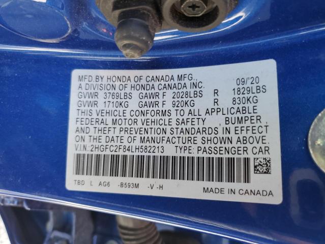 2HGFC2F84LH582213 - 2020 HONDA CIVIC SPORT BLUE photo 13