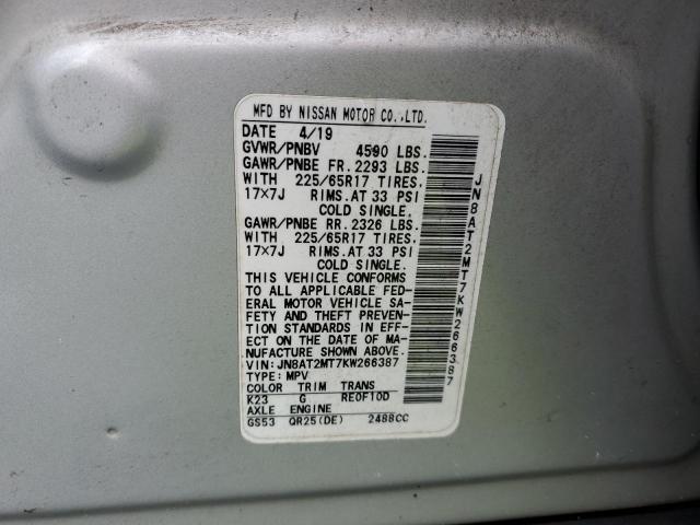 JN8AT2MT7KW266387 - 2019 NISSAN ROGUE S SILVER photo 13