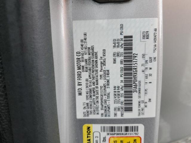 3FA6P0H9XGR151792 - 2016 FORD FUSION SE SILVER photo 12