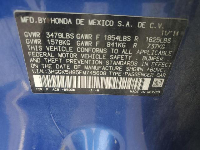 3HGGK5H85FM745608 - 2015 HONDA FIT EX Көк фото 12