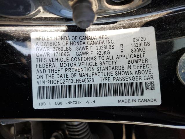 2HGFC2F83LH546528 - 2020 HONDA CIVIC SPORT BLACK photo 12