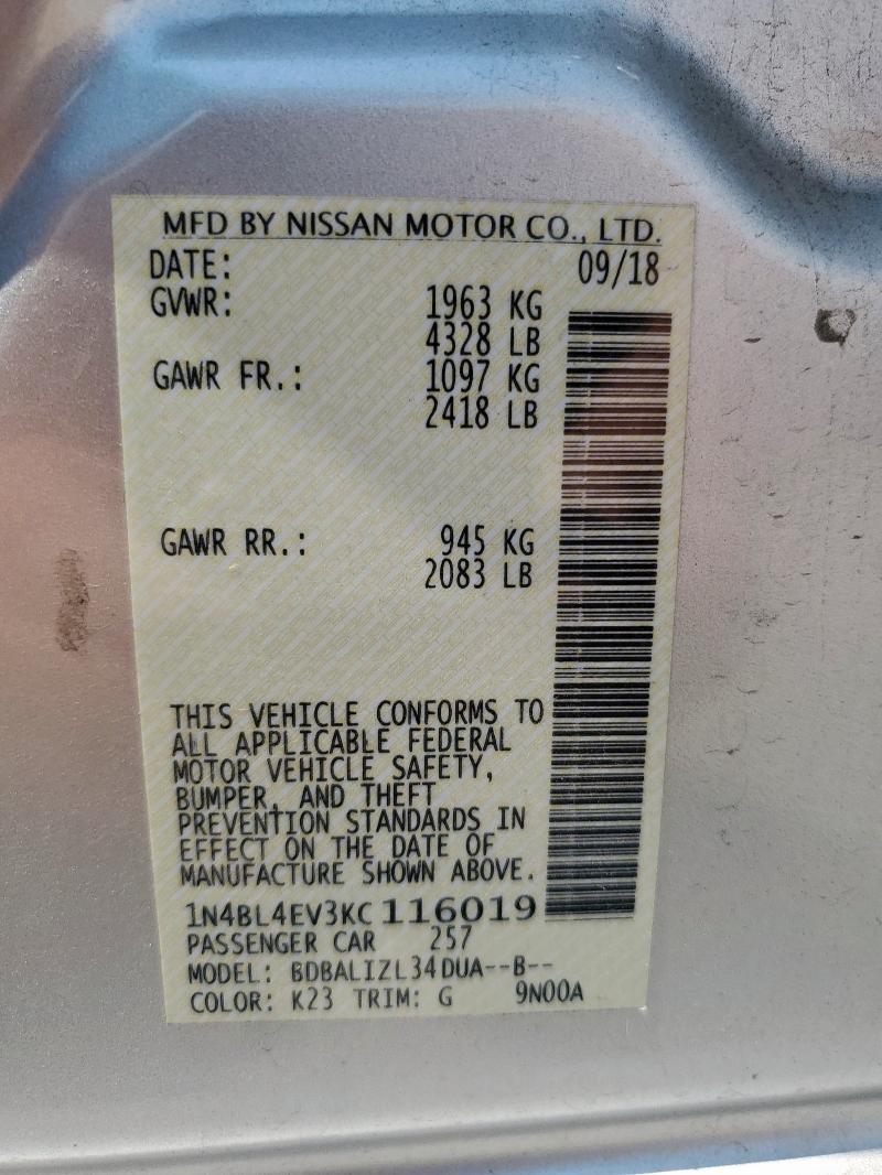 1N4BL4EV3KC116019 - 2019 NISSAN ALTIMA SL SILVER photo 12