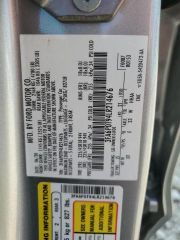 3FA6P0T94LR214676 - 2020 FORD FUSION SE SILVER photo 12