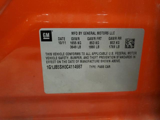 1G1JB5SH0C4114987 - 2012 CHEVROLET SONIC LS 橙色 照片 12