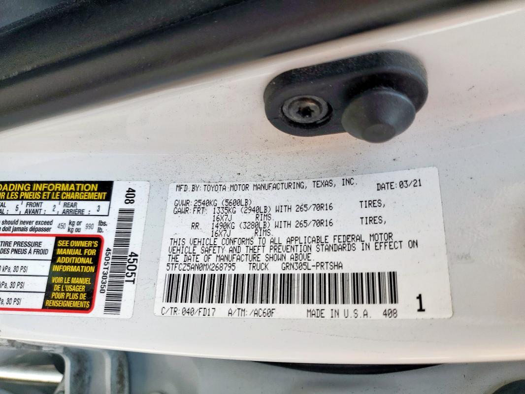 5TFCZ5AN0MX268795 - 2021 TOYOTA TACOMA DOUBLE CAB WHITE photo 12