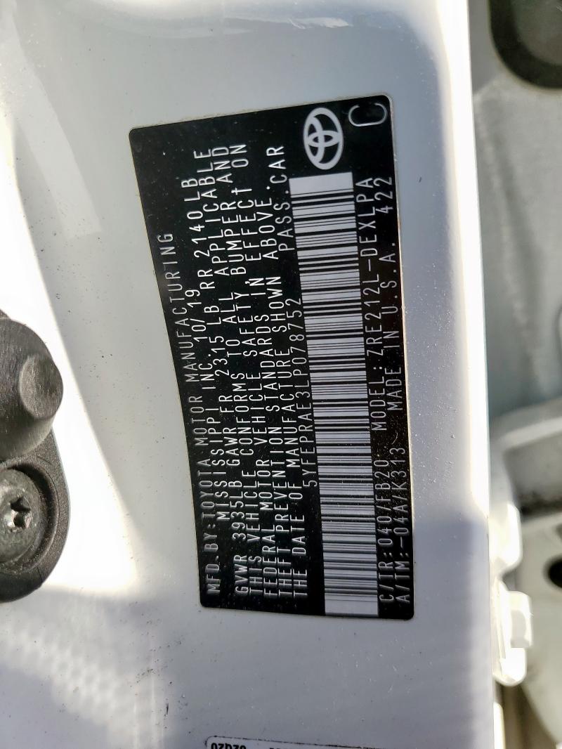 5YFEPRAE3LP078752 - 2020 TOYOTA COROLLA LE 白色 照片 13