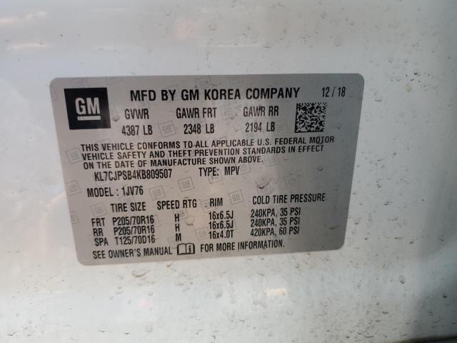 KL7CJPSB4KB809507 - 2019 CHEVROLET TRAX 1LT WHITE photo 13