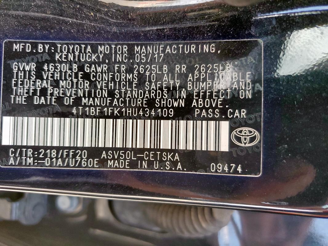 4T1BF1FK1HU434109 - 2017 TOYOTA CAMRY LE BLACK photo 12