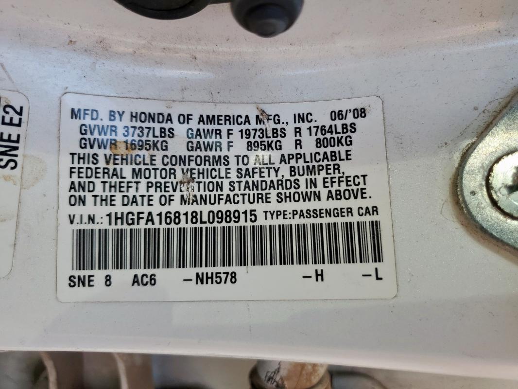 1HGFA16818L098915 - 2008 HONDA CIVIC EX WHITE photo 12