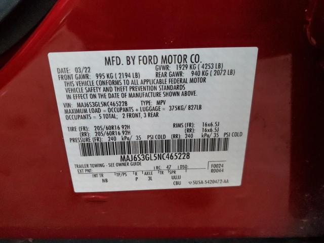 MAJ6S3GL5NC465228 - 2022 FORD ECOSPORT SE 红色 照片 12