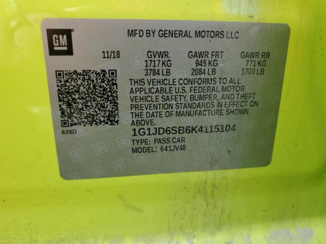 1G1JD6SB6K4115104 - 2019 CHEVROLET SONIC LT მწვანე ფოტო 12