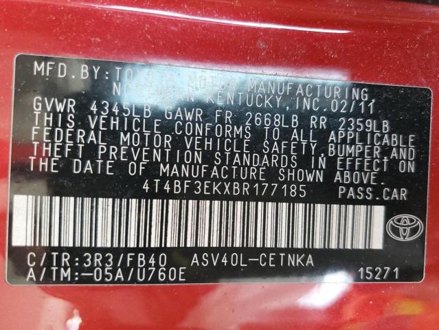 4T4BF3EKXBR177185 - 2011 TOYOTA CAMRY BASE RED photo 12