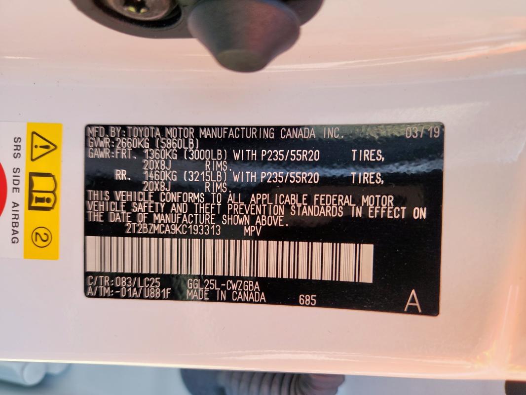 2T2BZMCA9KC193313 - 2019 LEXUS RX 350 BASE أبيض صورة 14