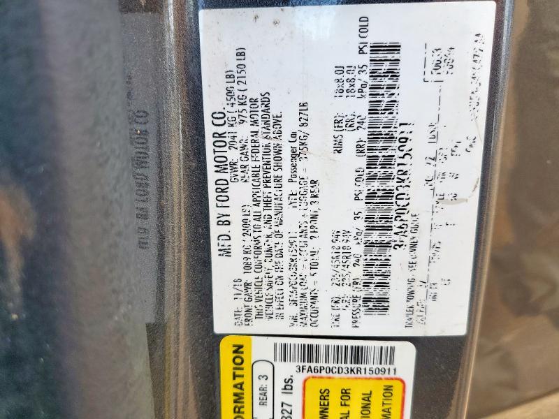 3FA6P0CD3KR150911 - 2019 FORD FUSION SEL رمادي صورة 12