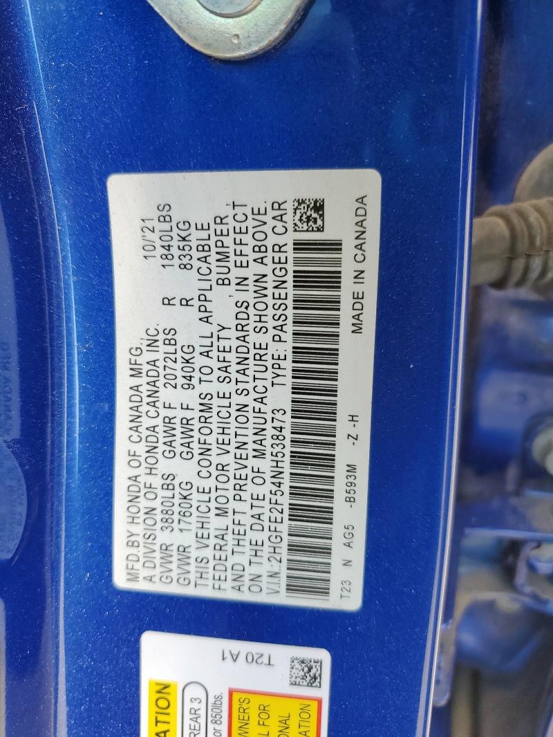 2HGFE2F54NH538473 - 2022 HONDA CIVIC SPORT 蓝色 照片 12