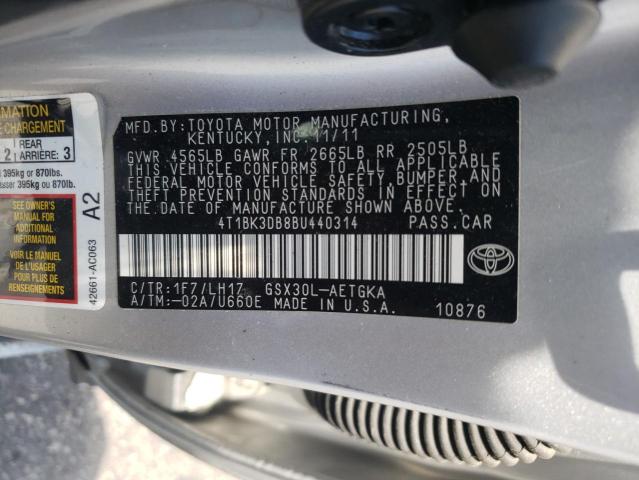4T1BK3DB8BU440314 - 2011 TOYOTA AVALON BASE 银色 照片 12