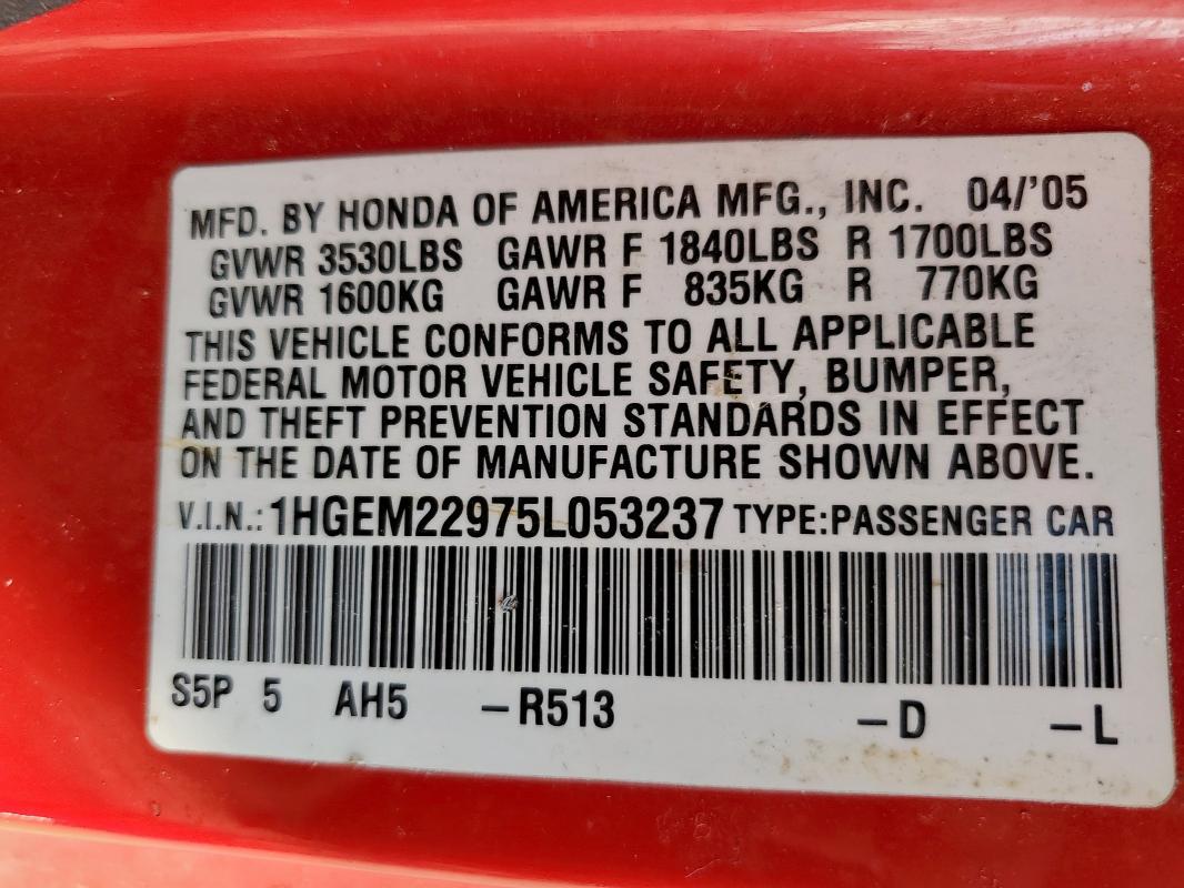 1HGEM22975L053237 - 2005 HONDA CIVIC EX RED photo 13