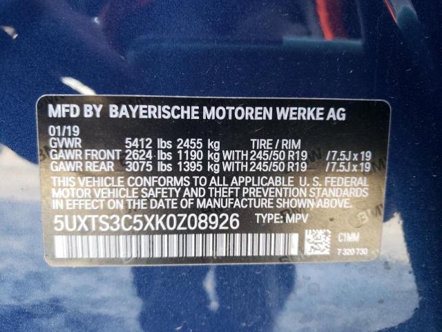 5UXTS3C5XK0Z08926 - 2019 BMW X3 XDRIVEM40I BLUE photo 13