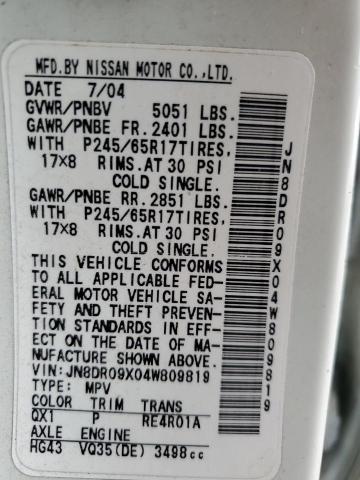 JN8DR09X04W809819 - 2004 NISSAN PATHFINDER LE 白色 照片 13