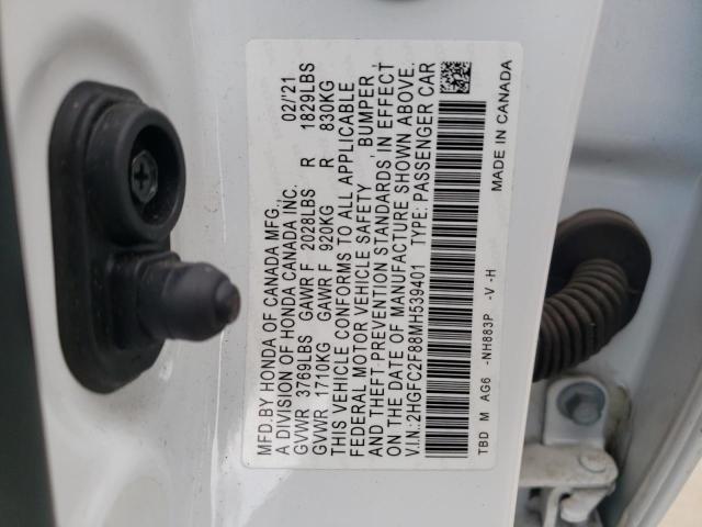 2HGFC2F88MH539401 - 2021 HONDA CIVIC SPORT თეთრი ფოტო 12