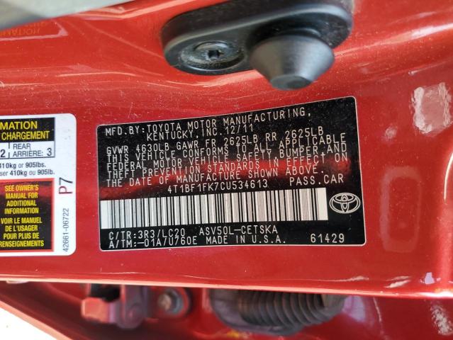 4T1BF1FK7CU534613 - 2012 TOYOTA CAMRY BASE RED photo 12