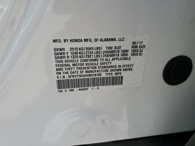 5FNYF5H34HB018768 - 2017 HONDA PILOT EX WHITE photo 12