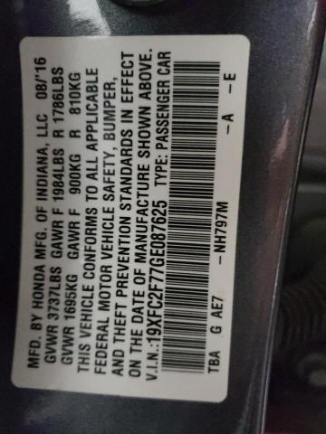 19XFC2F77GE087625 - 2016 HONDA CIVIC EX GRAY photo 12