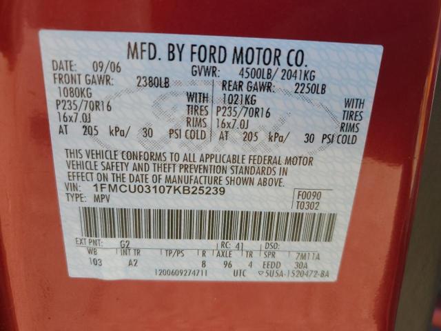 1FMCU03107KB25239 - 2007 FORD ESCAPE XLT RED photo 12